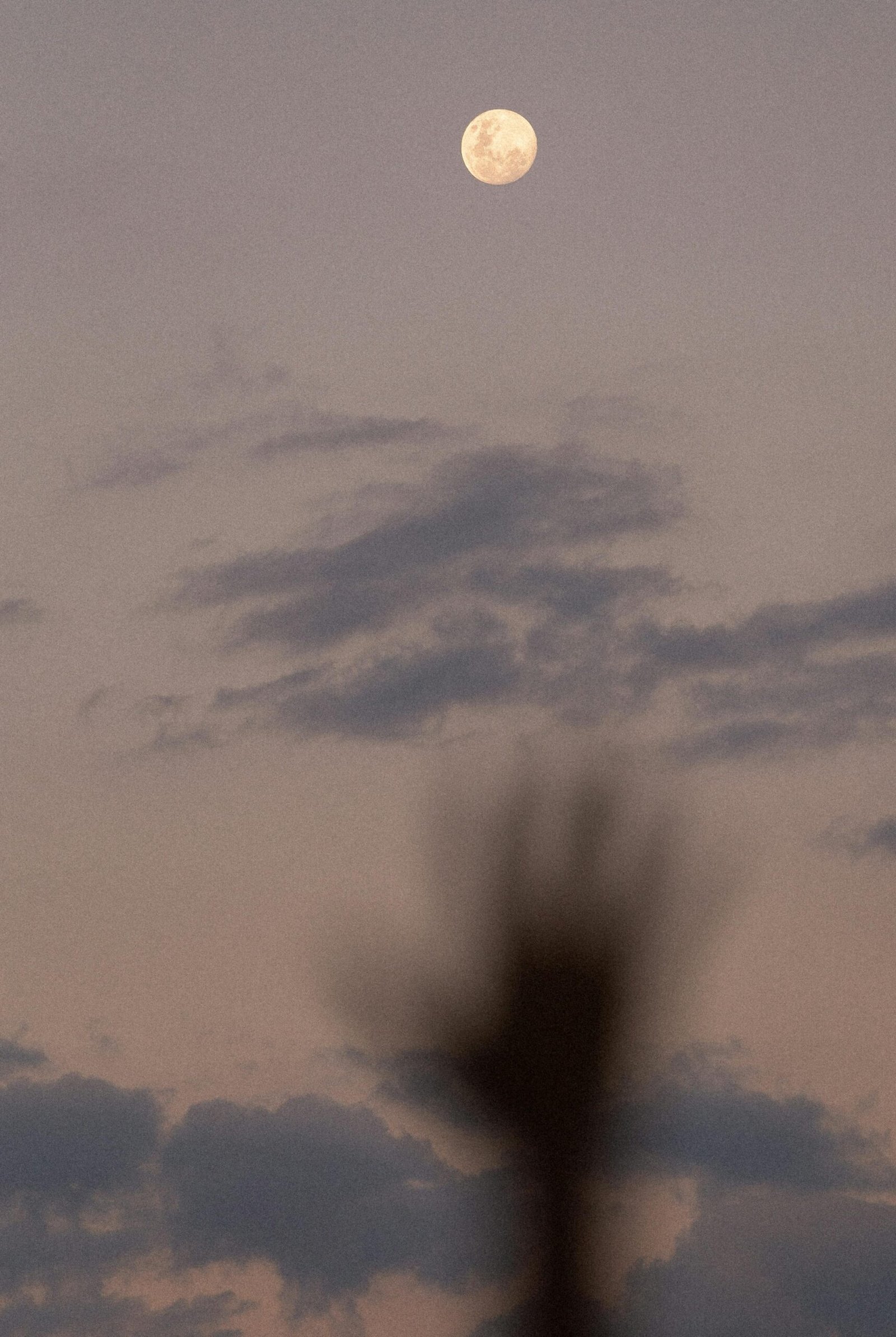 A silhouette of a hand reaching toward the full moon set against a twilight sky with scattered clouds.
